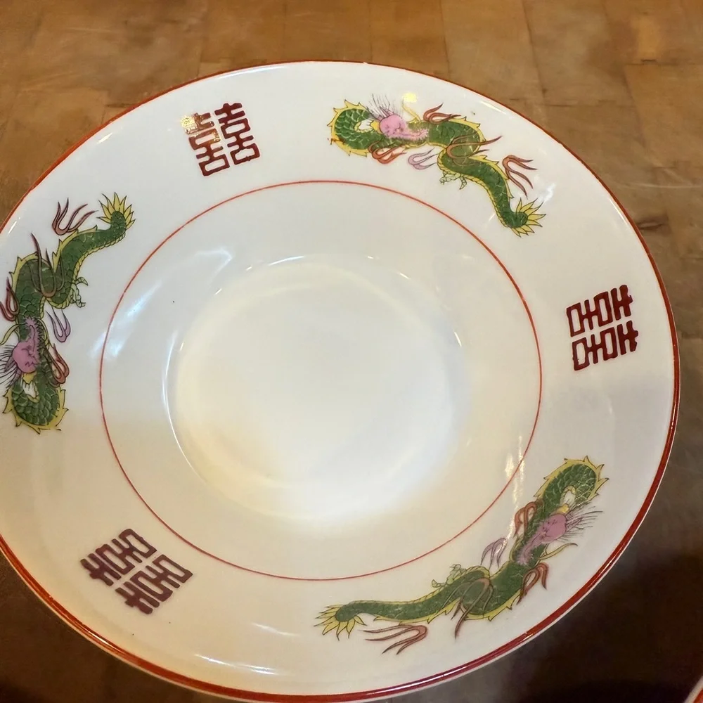 Vintage Chinese Ceramic Ramen Soup Bowls Hand Painted Dragon Dishes Japan